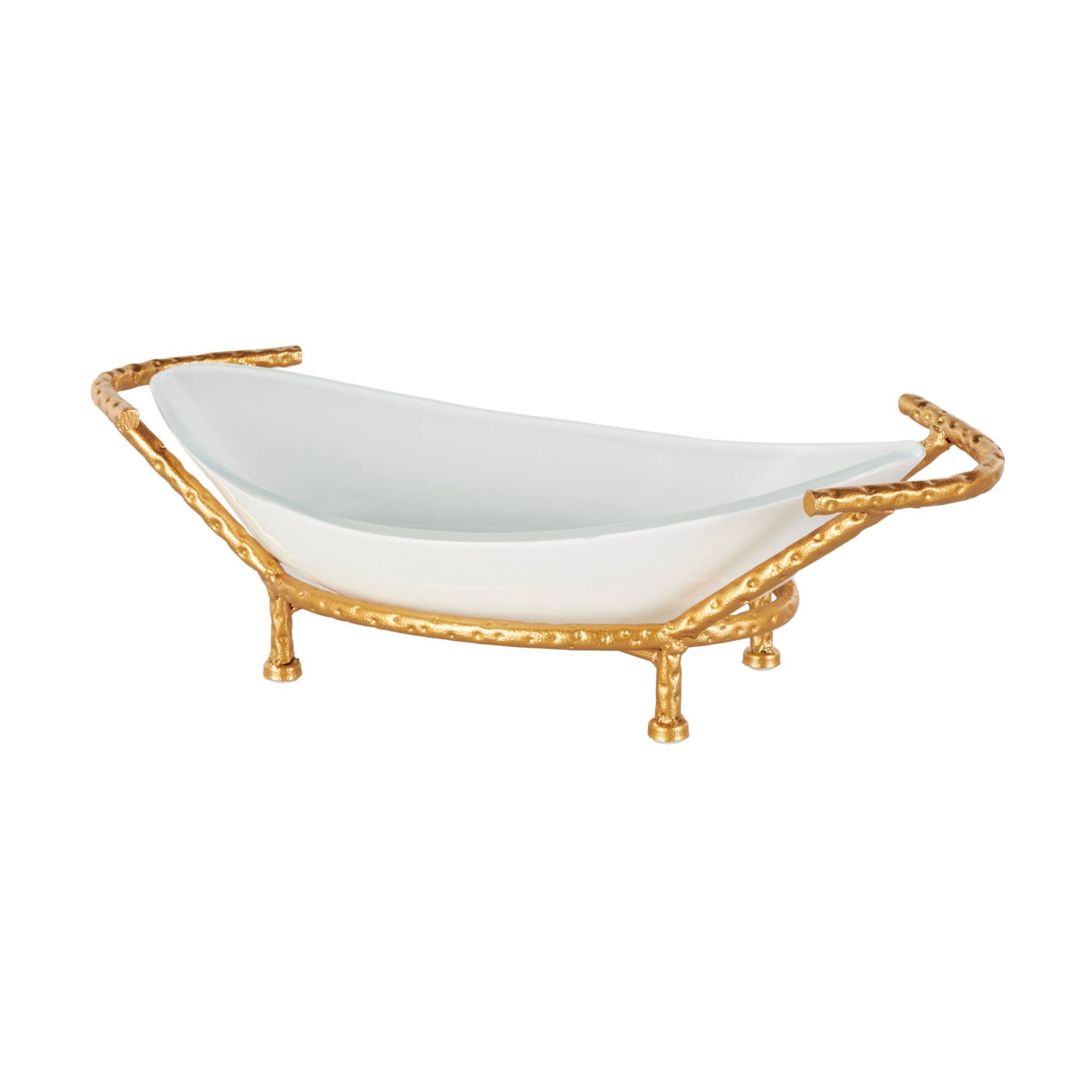 21" x 10" White Tempered Glass Kitchen Serving Bowl with Gold Metal Stand